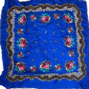 Vintage 70s Glentex Scarf Made In Japan blue floral shawl